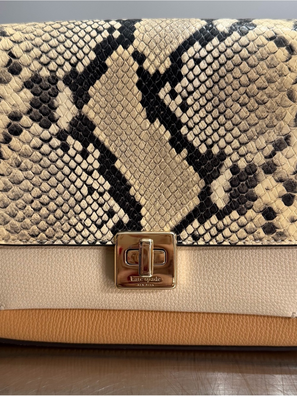 kate spade Beige Snake-Print & Tan Leather Crossbody with Gold Hardware